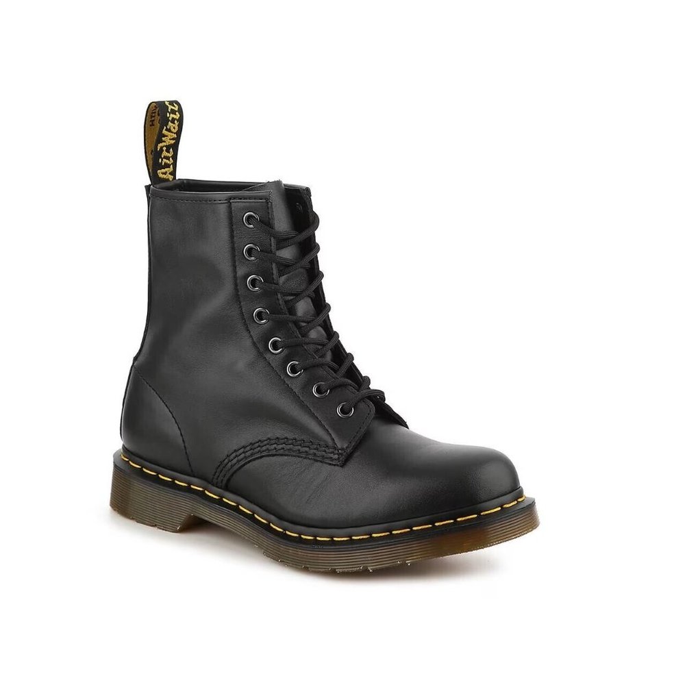 Dr. Martens Men's Black Leather 8-Eye Lace-Up Boots with Yellow Stitching